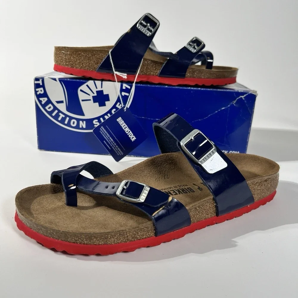 Birkenstock Women’s Navy Patent Rio Sandals with Red Sole